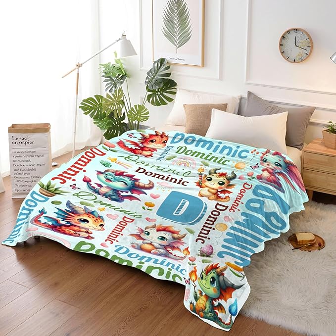 Personalized Custom Dragon Blanket Gifts for Kids Boys Girls with Name - Customized Dragon Super Soft Lightweight Flannel Sheets Decor for Crib Nap Couch - 60"x80" for Adult