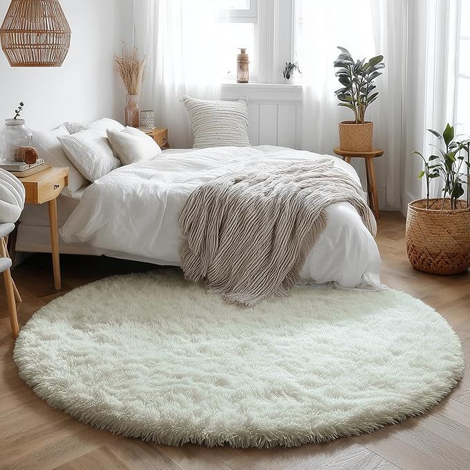 Amdrebio Ivory White Round Rug 5Ft for Bedroom Living Room Aesthetic, Washable Fluffy Fuzzy Circle Area Rugs for Kids Room Playroom, Circular Plush Soft Shaggy Cream Carpet for Dorm Teen Baby Nursery
