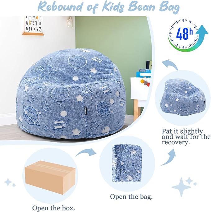 COMAX Bean Bag Chairs for Kids, Toddler BeanBag Sofa with Filler Bean Couch Stuffed for Boys and Girls, Lazy Floor Chair for Playroom, Nursery Room, Glowing Space