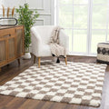 Hauteloom Atira Contemporary Checkered Fluffy Shag Area Rug - Modern Geometric Carpet Tiles for Living Room, Kids Room, Nursery - Plush Pile - Cream, Brown - 18" Sample
