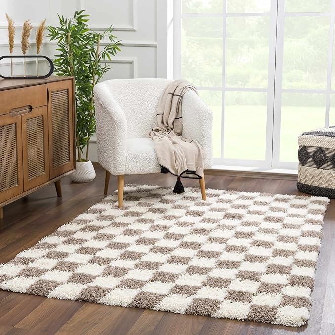 Hauteloom Atira Contemporary Checkered Fluffy Shag Area Rug - Modern Geometric Carpet Tiles for Living Room, Kids Room, Nursery - Plush Pile - Brown, Cream, White - 6'7" x 9'6"