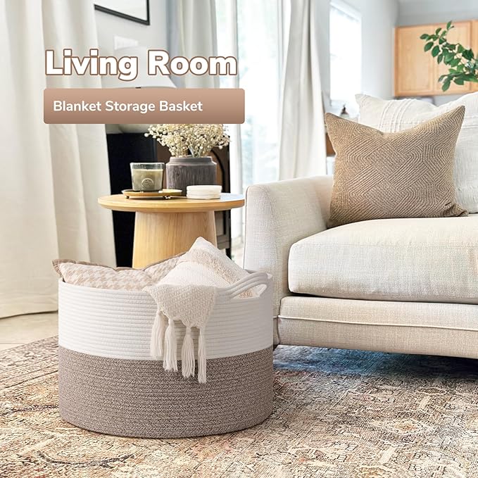 Goodpick Blanket Basket, Living Room Decor,19.7"x19.7"x12.6" Cotton Rope Basket for Decor, Dorm Room Essentials, Baby Toy Storage
