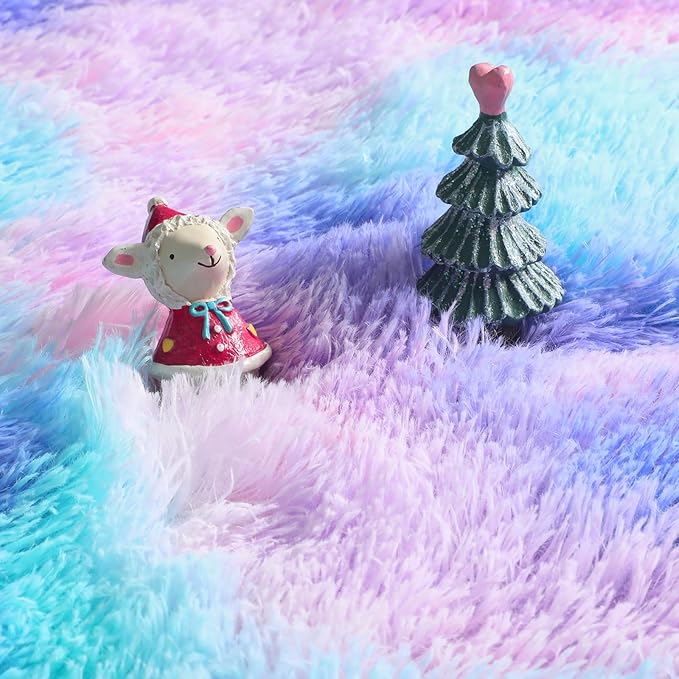 Amdrebio Purple Rainbow Small Round Rug 3Ft for Bedroom Girls Room Decor, Mermaid Stitch Frozen Kids Rugs for Playroom Nursery Dorm, Fluffy Furry Cute Shag Carpet, Kawaii Circle Area Rugs for Baby