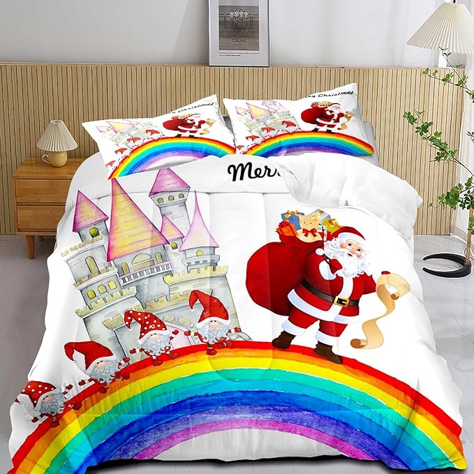 LUVIVIHOME 3PCS Merry Christmas Comforter Set Full Size, Funny Santa Claus Bedding, Gnome Castle Rainbow Christmas Bedroom Decor for Kids Girls Boys Teens, White Quilt, Xmas Gifts, 2 Pillow Cases