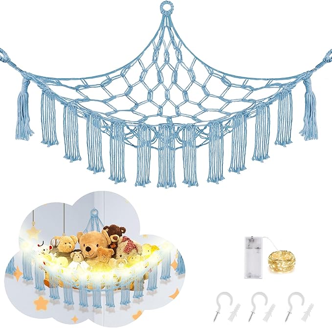 Stuffed Animal Hammock with LED Light, Large Stuffed Animals Storage Corner Plushie Net for Kids Room Decor, Baby Blue