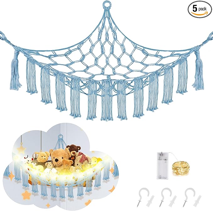 Stuffed Animal Hammock with LED Light, Large Stuffed Animals Storage Corner Plushie Net for Kids Room Decor, Jumbo Baby Blue