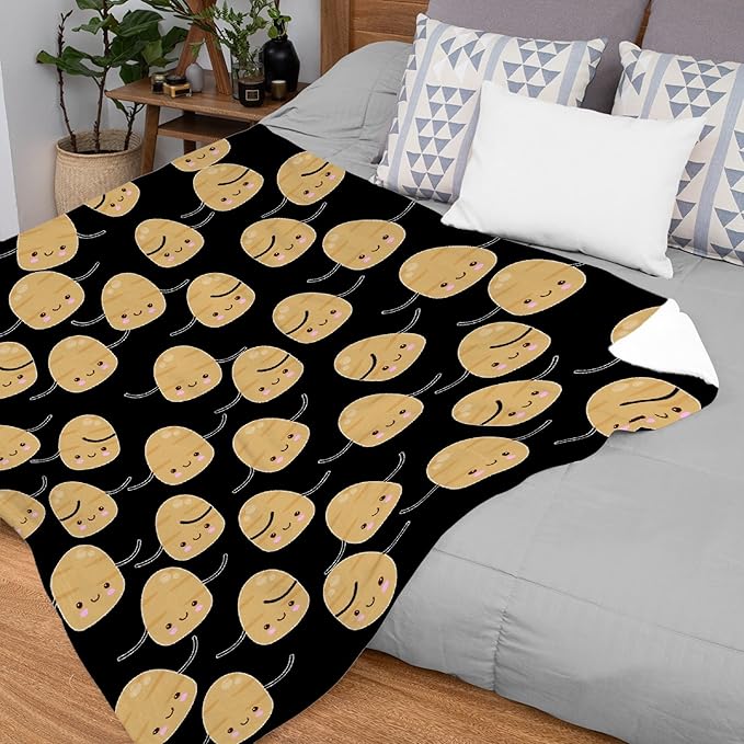 Thuswarm Cute Potato Kawaii Black Flannel Blanket Warm Cozy Soft Funny Print Throw for Bed Couch Sofa 80”×60” Large for Adult