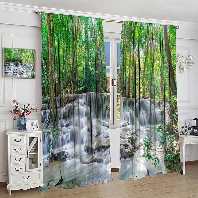 Forest Waterfall Blackout Curtains, Scene Nature Theme Mountain Stream Scenery Print Window Drapes, for Bedroom Living Room 42" W X 63" L