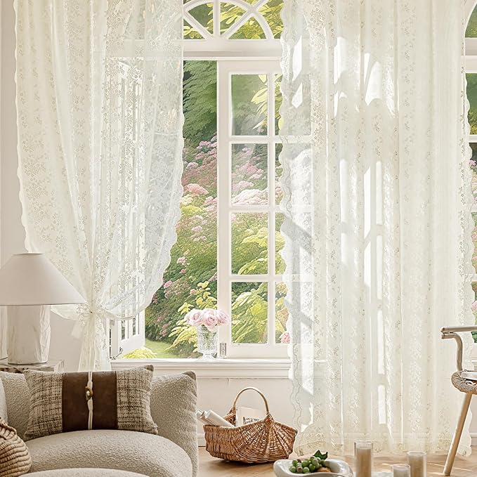 Anmao Vintage Lace Curtains 45 Inches Long 2 Panels Set, Romantic Elegant Light Filtering Semi Sheer Floral Thick Lacy Curtain Drapes for Living Room and Bedroom, Each Panel 55W x 45L, Ivory