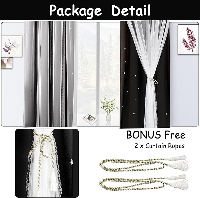 Kinryb Black Star Cutout Blackout 95 Inches Curtains Double Layer with Sheer Overly Curtains for Bedroom Thermal Insulated Window Treatment Set with 2 Free Tiebacks (52W x 95L 2 Panels Black)