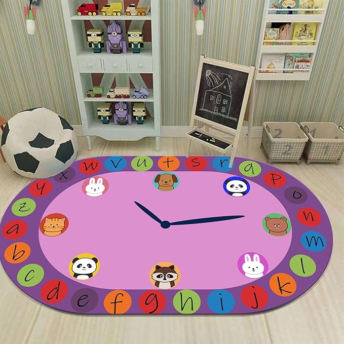 Children's Area Rugs, 4x5ft, Alphabet Animal Early Learning Oval Rug, Cartoon Animal Pointer Print Playmat, Non-Slip Washable Purple Floor Carpet for Kids Room Classroom Nursery
