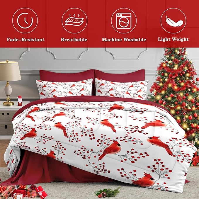 7 Pcs Full Size Christmas Comforter Set with 2 Pillowcases & 2 Shams, Winter Cardinal Bird Bedding for Kids and Adults, Berries Branches Bed in a Bag with Flat Fitted Sheet