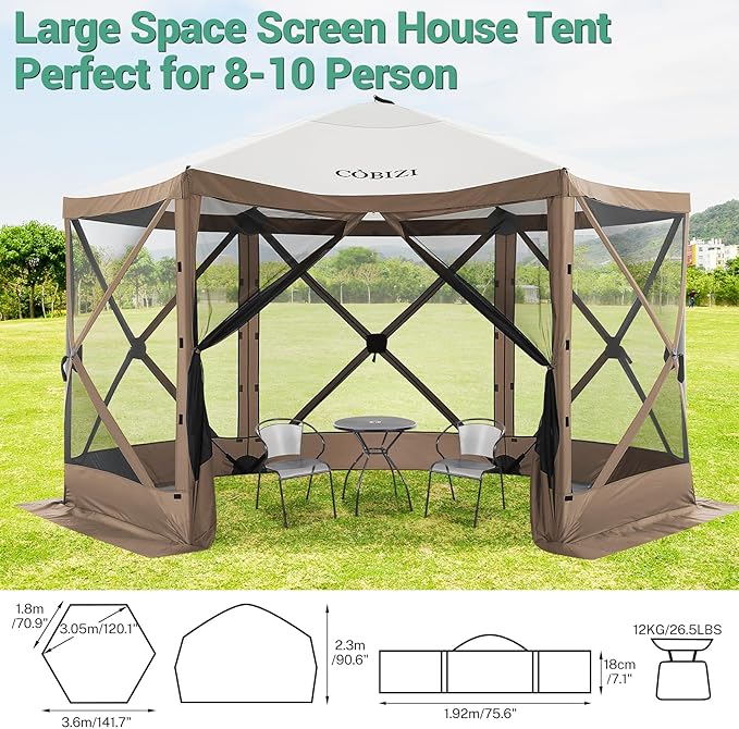 COBIZI 12x12ft Pop up Gazebo Screen Tent Screen House for Camping, Camping Outdoor Screened Gazebo, Canopy Tent,Portable Hub with Carrying Bag and Ground Stakes, BrownUpgraded 2.0