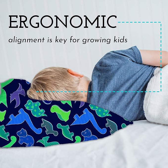Little Sleepy Head Youth Pillow with Pillowcase 16x22, Soft Jumbo Toddler Pillow & Hypoallergenic Pillowcase - Best Kids Pillows for Sleeping, Perfect Kids Travel Pillow (Dinosaurs Blue)