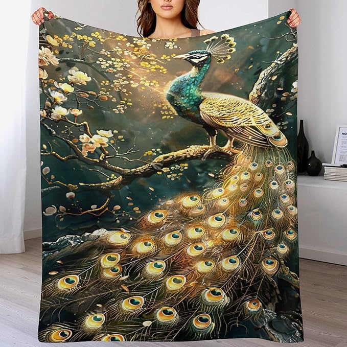 Peacock Blanket Gold Peacock Gifts for Girls Boys Woman Kids Lover Throw Blankets Soft Blanket Warm Fleece Flannel Plush Blankets for Bed Sofa Couch 40"x50"