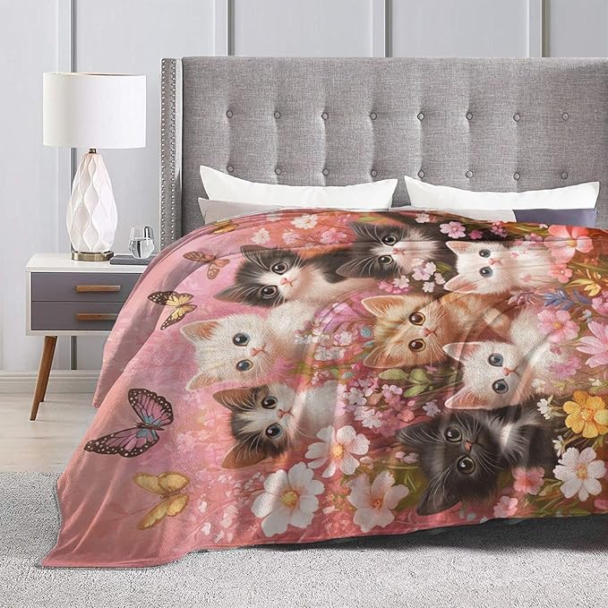 Pink Cat Blanket Funny Cats Throws Pet Animal Print Plush Fuzzy Fleece Blankets Gifts for Girls Boys Super Soft Warm Cozy Butterfly Flower Stuffed for Kids Men Women Bed Sofa Bedding 60"x50"
