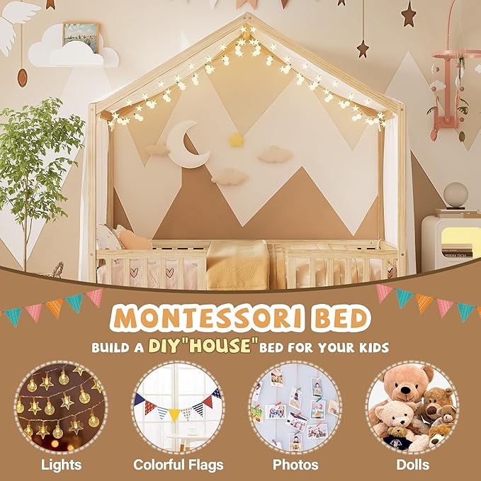 Montessori Floor Bed with Canopy, High Railings and Roof, Twin Size Wood House Bed Frame for Kids Bedroom (Natural/C2)