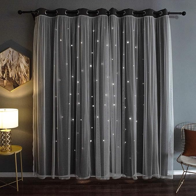 Kinryb Blackout Curtains for Girl Bedroom/Living Room/Classroom, Sheer Overlay 63 Inches 2 Panel Set, Double Layer Curtains with Star Cutout for Kids Room(W 52 x L 63 Inches,Grey 2 Pcs)