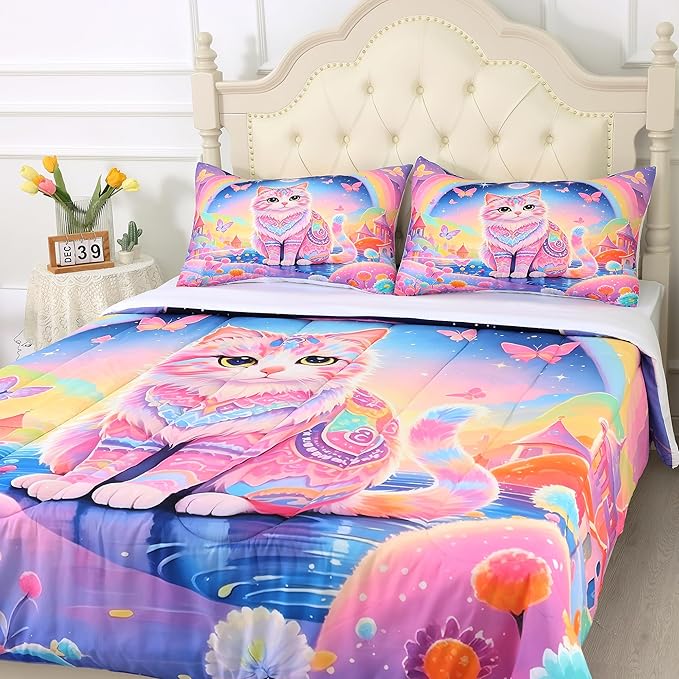 Rainbow Cat Comforter Set: Twin Size Cute Colorful Cat Bedding for Kids Teen Girls Room Decor Kawaii Purple Pink Ethnic Kitten Quilt Floral Feline Castle Bed Sets 2 Piece