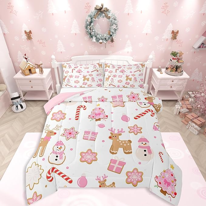 Feelyou Pink Christmas Comforter Set Full Size Snowman Deer Bedding Set for Kids Boys Girls Snowflake Duvet Quilt Bedroom Decor Microfiber 3 Pcs with 2 Pillow Cases