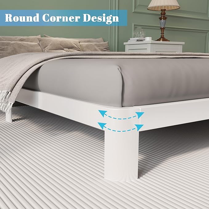 Queen Bed Frame 4 Inch White, Metal Bed Frame Queen Size with Baffles, No Box Spring Needed, Heavy Duty Steel Platform Support, Rounded Corner Design, Noise Free, Easy Assembly