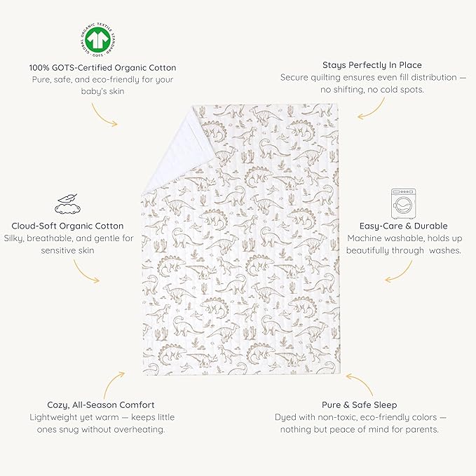 MakeMake Organics Organic Toddler Comforter GOTS Certified Organic Kids Blanket Cotton Infill Tufted - Reversible Ultra Soft Breathable Boys Girls (44"x60", Dino Dreams)