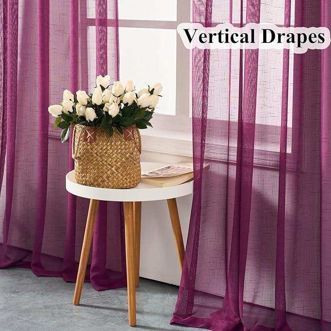 Plum Purple Curtains Sheer 96 Inches Long, Dark Linen Look Textured Light Filtering Drapes Decor, Rustic Eggplant Transparent Window Treatments, Pinch Pleat Curtain with Hooks