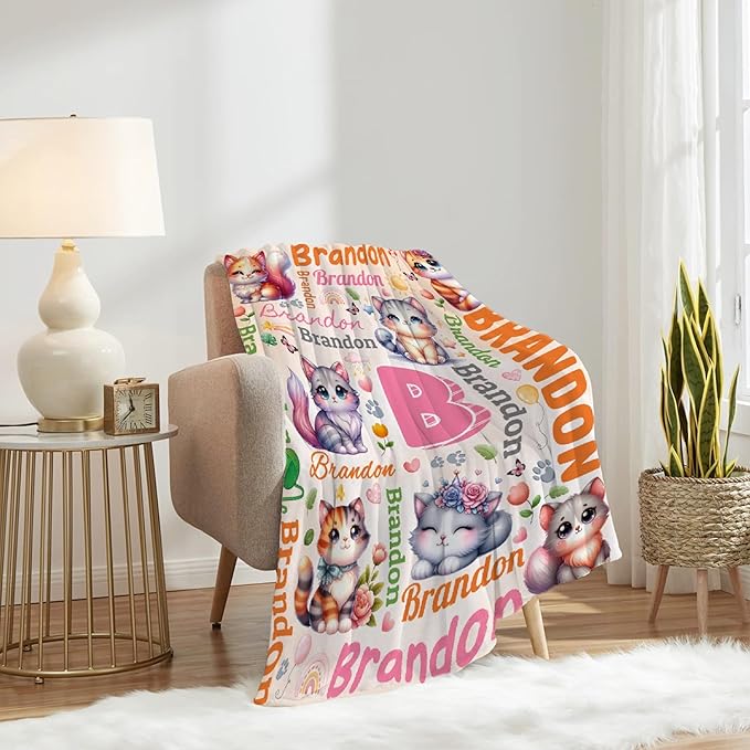 Personalized Custom Cat Blanket Gifts for Kids Boys Girls with Name - Customized Cat Super Soft Lightweight Flannel Sheets Decor for Crib Nap Couch - 50"x60" for Teens