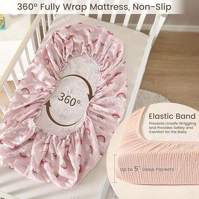 david's kids Muslin Mini Crib Sheets, 2 Pack Cotton Pack N Play Sheets for Girls, Soft Breathable Baby Sheets Fit Pack N Play, Playard and Mini Crib Mattresses, Rainbow