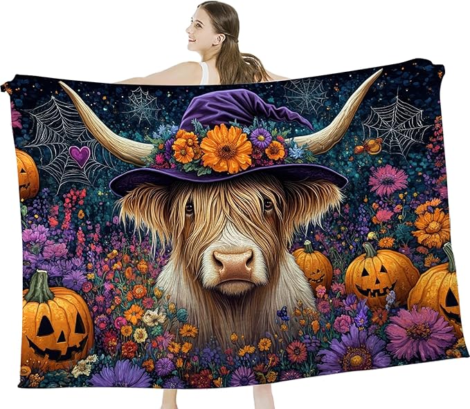 Tijuboni Halloween Highland Cow Pumpkin Throw Blanket for Girls Boys Women Men Kids Adults Soft Flannel Fleece Blanket for Couch Sofa Bed Home Decor 40"x50"