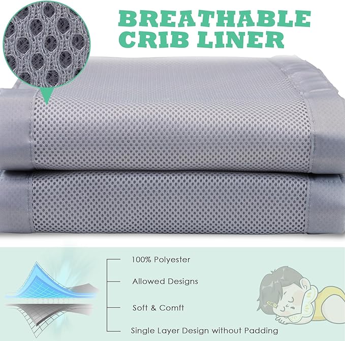Breathable Mesh Crib Liner for Protecting Baby Legs and Arms, Block The Pacifier from Falling, 11" H (28cm) Essential 3mm Breathable Mesh Liner Around 3 or 4 Side Full-Size Crib, Grey