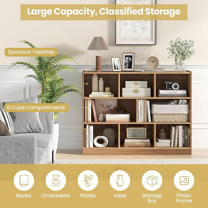 Tangkula 8-Cube Bookcase, Wood 3 Tier Open Storage Bookshelf, Modern Multipurpose Display Cabinet for Living Room, Study, Reading Nook, 48 x 12.5 x 36.5 Inch, Natural