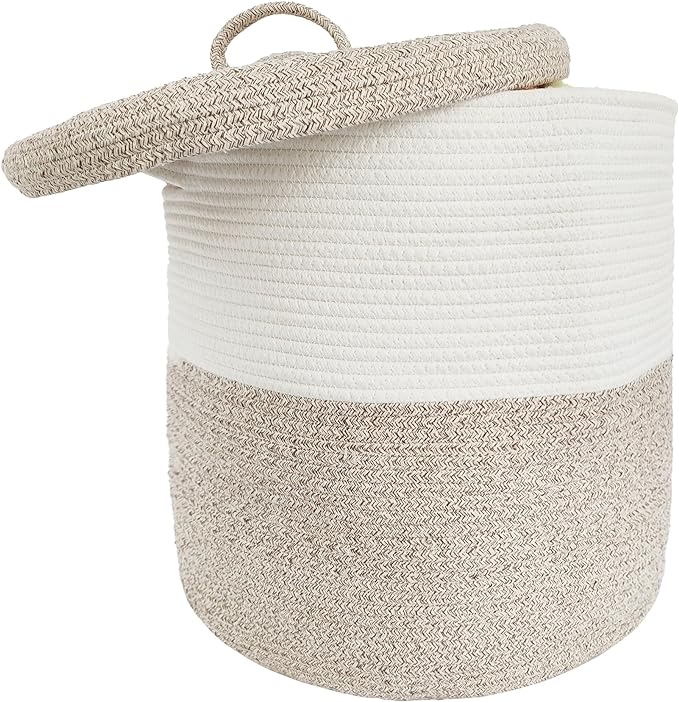Large Storage Basket with Lid 60L, 16"Wx18"H Woven Laundry Hamper Basket with Handle, Room Decor Cotton Rope Wicker Basket Toy Organizer Bins for Clothes Blankets Pillows, Beige/White Mix includes Lid