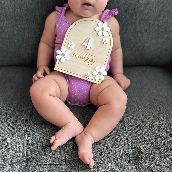 Daisy 3D Baby Monthly Milestone, Wooden Baby Milestone Signs, Monthly Milestone Wood Discs, Baby Milestone Discs (Daisy)