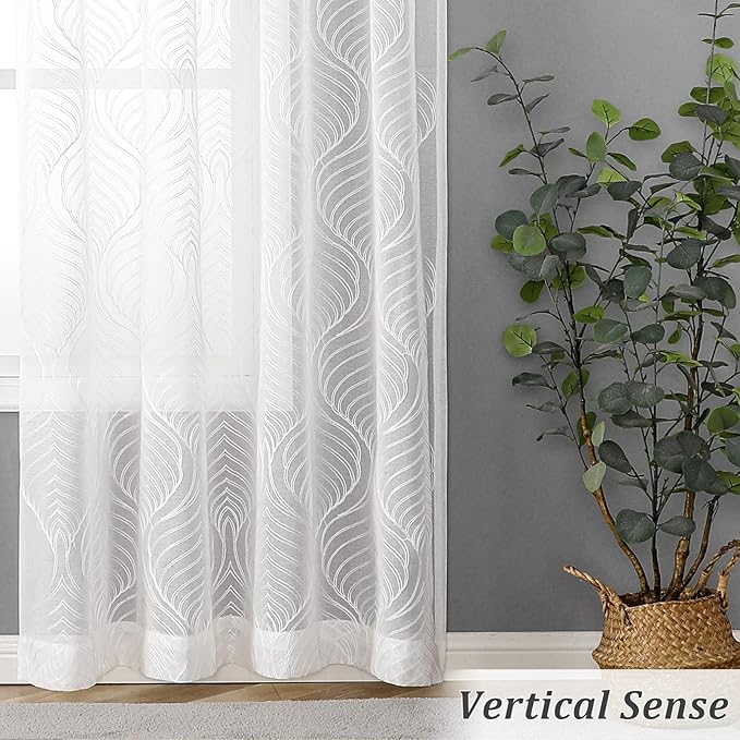 VISIONTEX White Sheer Curtains 84 Inches Long 2 Panels Set Moroccan Embroidery Texture Geometric Rod Pocket Ivory White Voile Tulle Semi Window Treatment Pair for Bedroom Living Room 54 x 84 Inches
