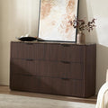 Fluted 6 Drawer Dresser for Bedroom, 54.5" Wide Modern Chest of Drawers with Faux Marble Top, Curved Corners Design, Wooden Dresser TV Stand with Organizer Storage for Living Room, Dark Oak
