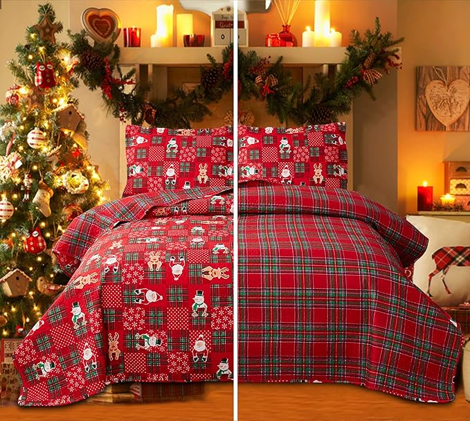 Christmas Quilt Set Queen Size Bedding Reversible Red Green Christmas Plaid Patchwork Quilt Home Holiday Xmas Bedding Bed Set Lightweight Quilt Bedspread Coverlet,Snowman