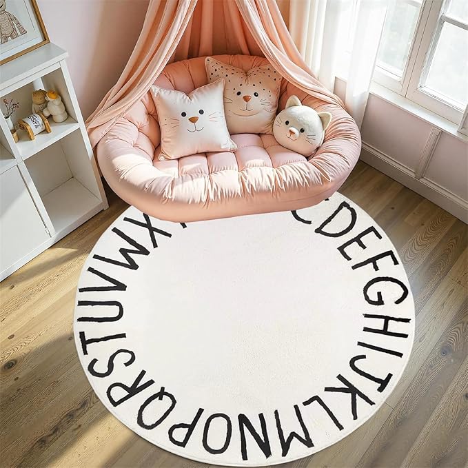 Round Alphabet Rug,3ft ABC Rugs for Kids Playroom,Boho Classroom Rug for Living Room, Bedroom, Machine Washable Soft Non Slip Non Shedding-White