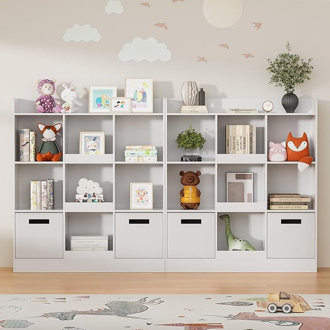 Kids Bookshelf with 9 Cube, Toy Storage Organizer with 2 Fabric Drawers, 3-Tier Freestanding Wooden Open Shelf Bookshelf, Modern Kids Display Bookcase for Bedroom, Living Room, Office, White
