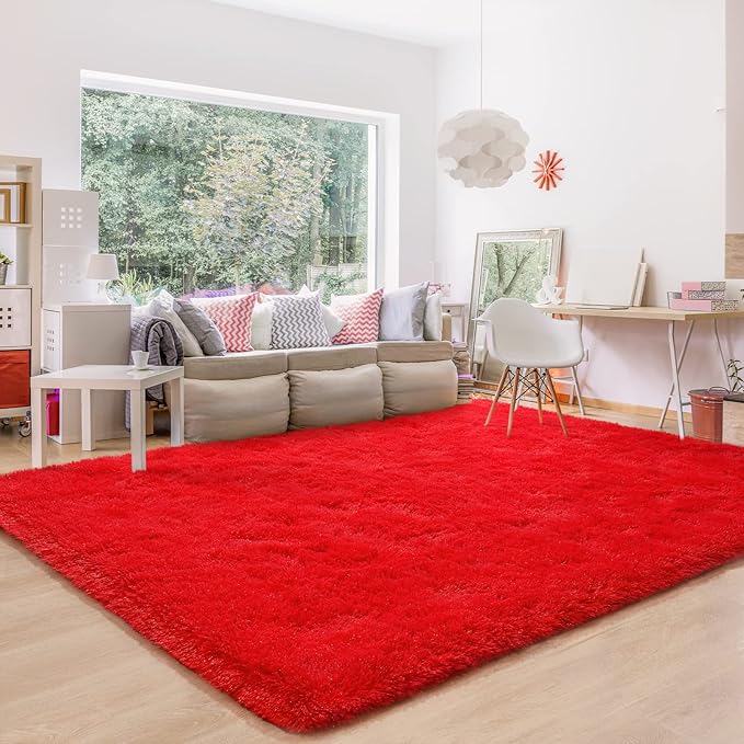 BENRON Fluffy Rugs for Living Room 6x9 Red, Washable Large Area Rugs for Bedroom Dining Table Office Kids Nursery Room, Washable Indoor Floor Carpets