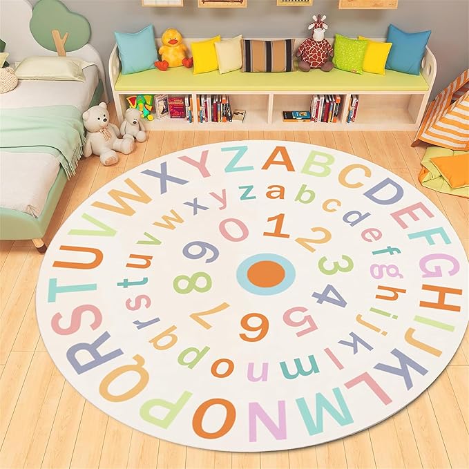 Children's Round Colorful ABC Rug,5ft,Soft Fluffy Alphabet Educational Rug, Non-Slip Washable Children's Crawling Game Rug Carpet for Boys Girls Bedroom Playroom Nursery Decoration