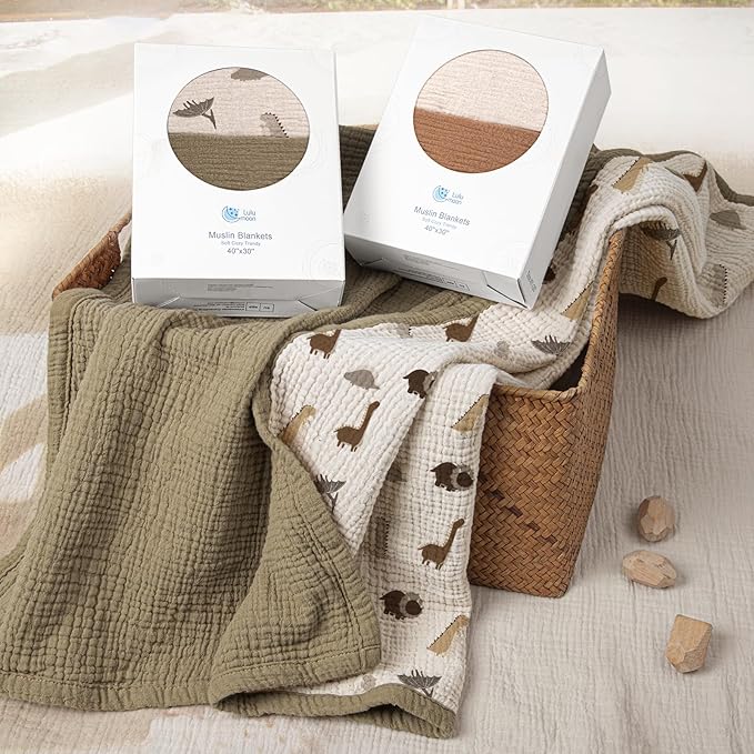 lulumoon Muslin Baby Blanket for Newborns: Lightweight Cotton Crib Blanket Neutral - Soft Lightweight for Stroller & Daycare 36"x40"(Dinosaur)