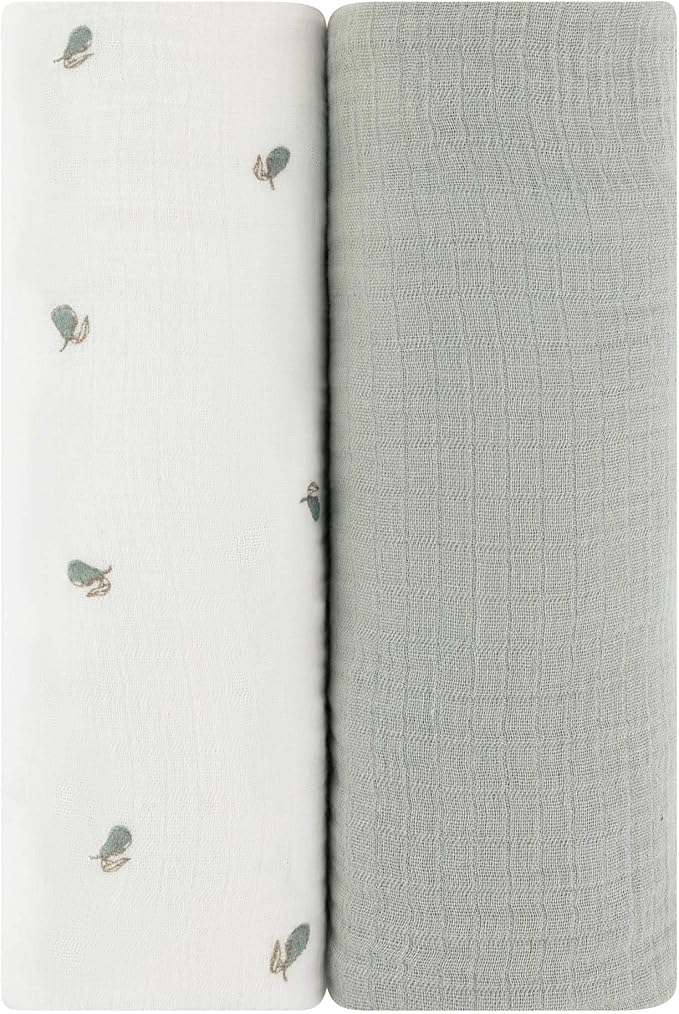 Ely's & Co. Muslin Swaddle Blanket 2-Pack — 100% Cotton Muslin Extra-Large Swaddle Blankets (47” x 47”) Solid + Printed (Sage Pear)