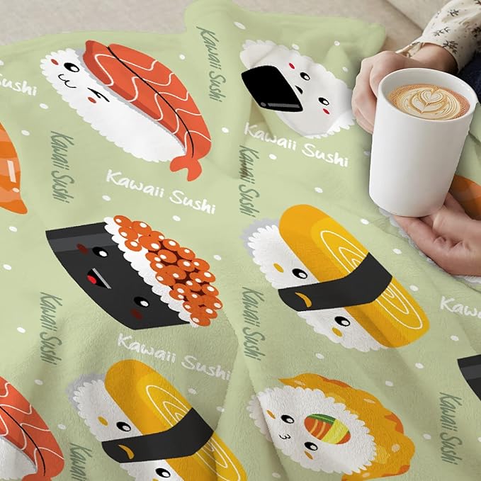 Thuswarm Cute Sushi Kawaii Flannel Throw Blanket Warm Cozy Soft Cartoon Food Print Blankets for Bed Couch Sofa Room Decoration Gifts 40”×30” XSmall for Pets