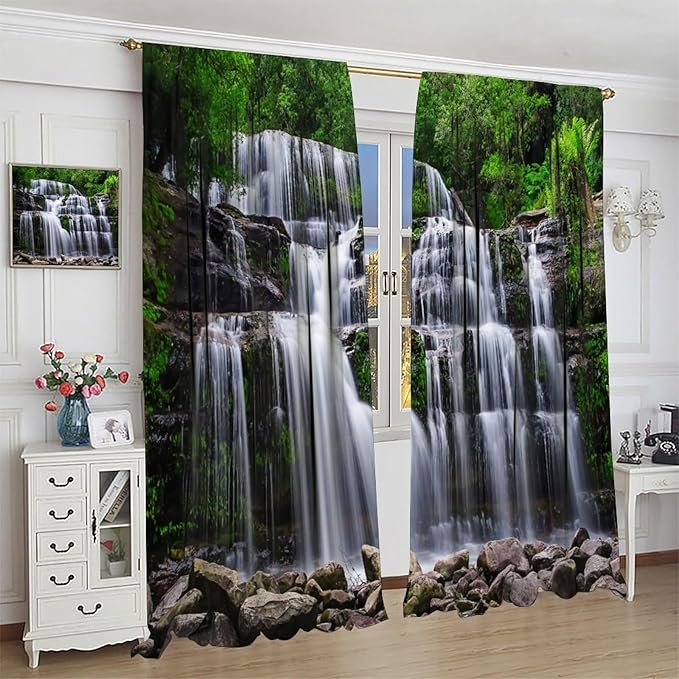 Natural Scenery Blackout Curtains, Spring Rustic Forest Waterfall River Landscape Window Drapes, for Bedroom Living Room 84" W X 84" L