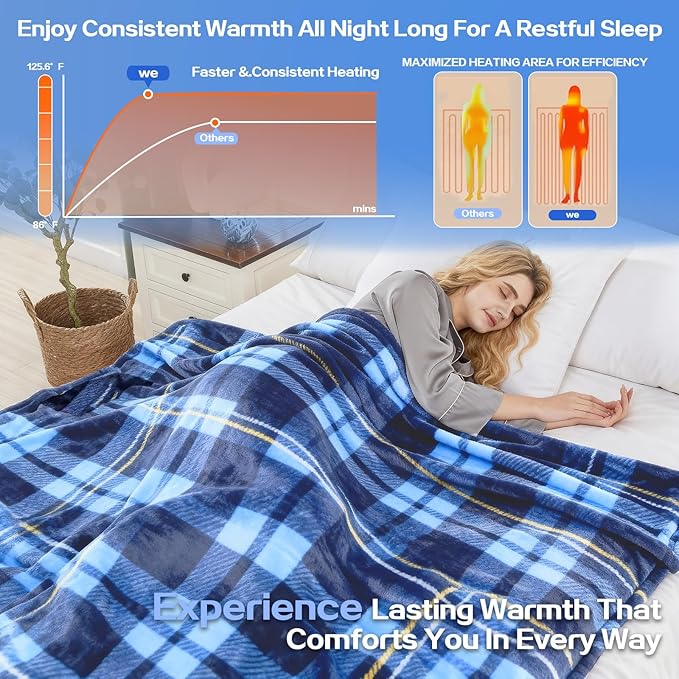 Electric Blanket Heated Full, Soft Flannel 72"x84" Plaid Heating Blanket with 8 Hours Auto Off 10 Fast Heating Levels Machine Washable Sherpa Heated Blanket with Overheating Protection
