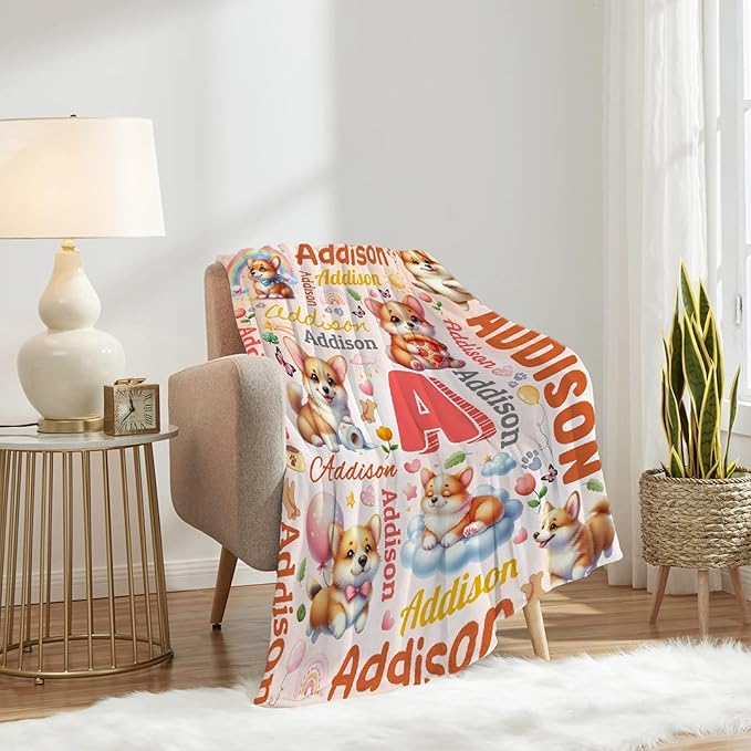Personalized Custom Corgi Dog Blanket Gifts for Kids Boys Girls with Name - Customized Corgi Dog Super Soft Lightweight Flannel Sheets Decor for Crib Nap Couch - 60"x80" for Adult