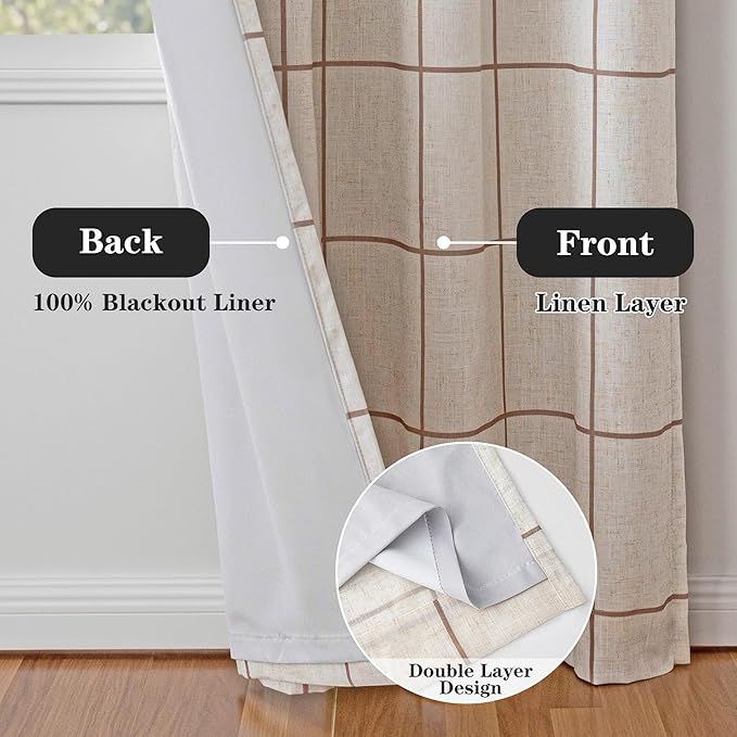 MYSKY HOME 100% Blackout Plaid Farmhouse Linen Curtains 102 Inch Length 2 Panels Set Double Layer Checkered Drapes Thermal Insulated Privacy Protection Rod Pocket Back Tab for Home, 52" W, Brown