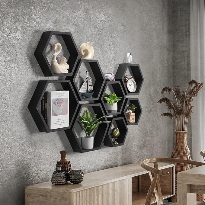 CADUKE Hexagon Shelves for Wall Hexagonal Floating Shelves Set of 8 Honeycomb Wood Shelves for Wall Decor, Hanging Plants Shelf for Living Room Storage Hexagon Racks for Bedroom, Black