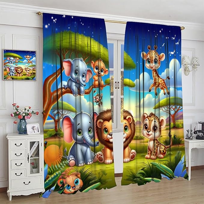 Jungle Safari Window Curtains for Kids Boys Girls Watercolor Cartoon Forest Animals Baby Living Room Bedroom Nursery Toddler Rod Pocket Drapes 63" W X 63" L